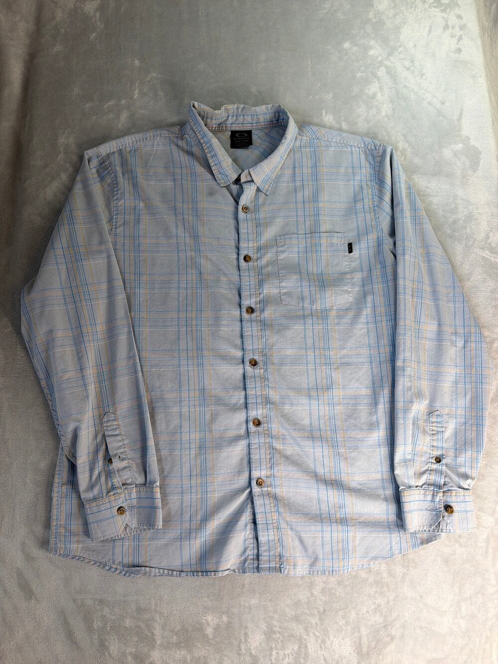 Oakley Mens Plaid Button Up Shirt XXL Blue Tan Check Long Sleeve Pocket Logo